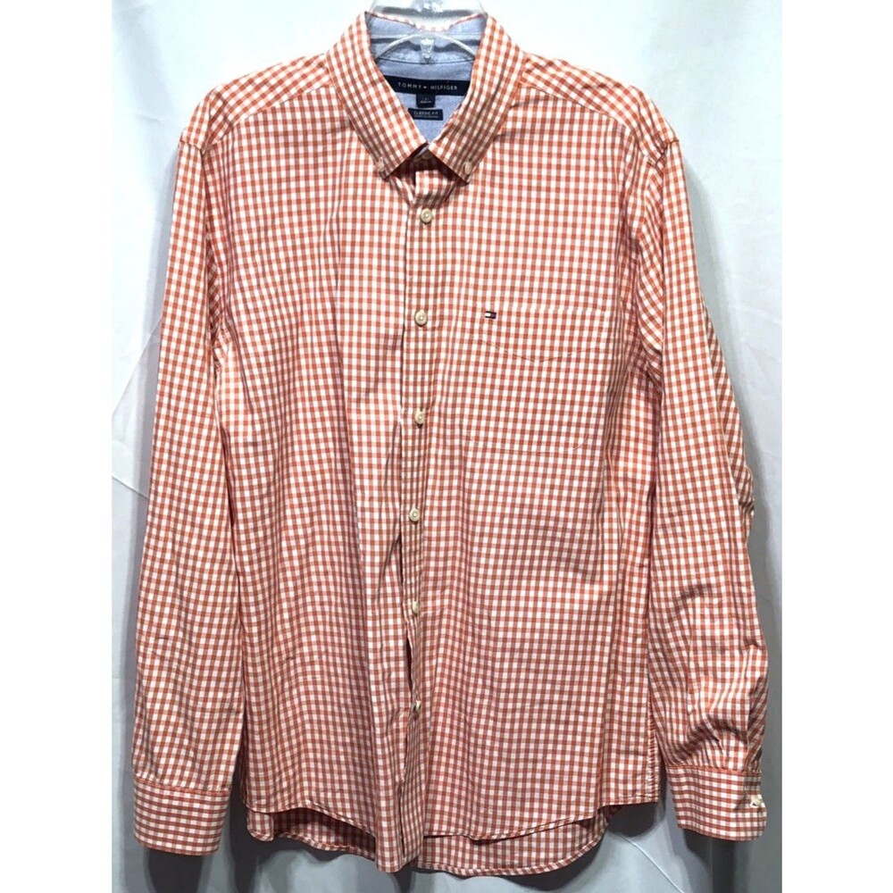 Tommy Hilfiger oxford shirt L orange white checkered Plaid long sleeve pocket
